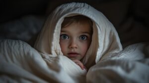 freepicdownloader.com toddler girl with big eyes peeking from white blanket dark room normal