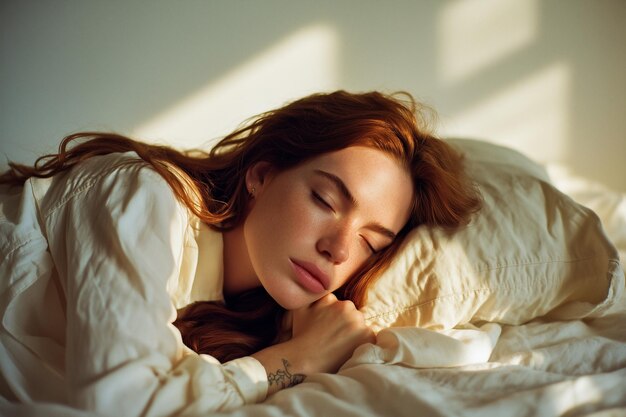 freepicdownloader.com woman with red hair is sleeping bed normal